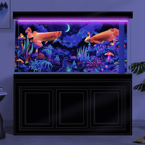48X20IN Blacklight Mushroom Flower Aquarium Background, UV Moonlight Mountain Forest Landscape with Tape