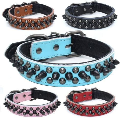Spiked Studded Dog Collar, Genuine Leather, Adjustable for Small or Medium Pets, Size L, Pink