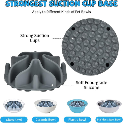 Silicone Dog Slow Feeder Bowl Insert, Strong Suction Cups for Stainless Steel, Glass, Ceramic Dog Bowls (Grey, Medium)
