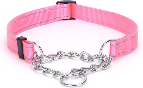 Martingale Dog Collar with Stainless Steel Chain, Reflective Adjustable Collar for Medium Large Dogs (S, Pink)