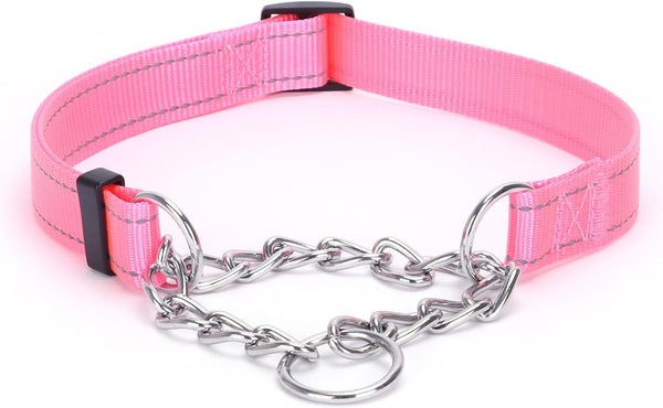 Martingale Dog Collar with Stainless Steel Chain, Reflective Adjustable Collar for Medium Large Dogs (S, Pink)