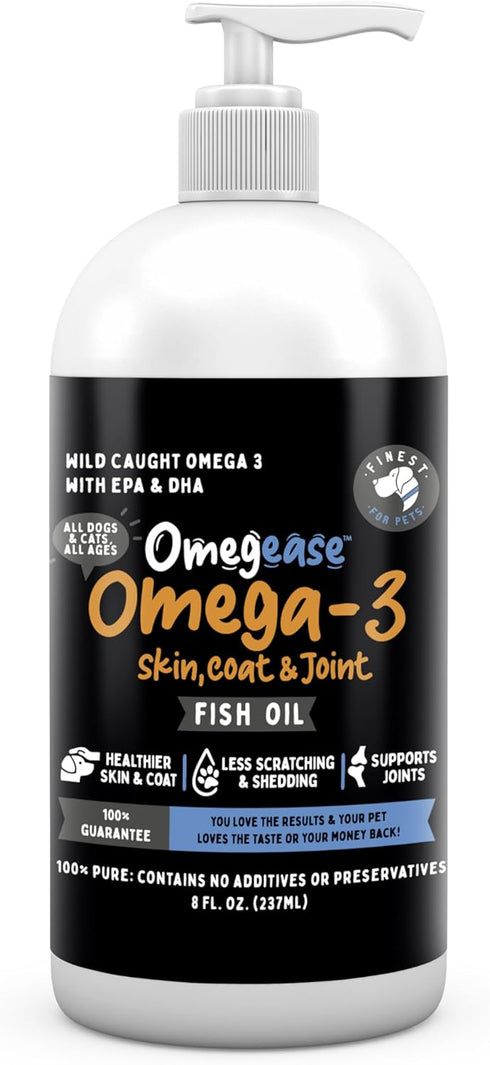 Omegease 100% Pure Omega 3 Fish Oil for Dogs and Cats, 8 oz - Skin & Coat Supplement, Supports Joint Function