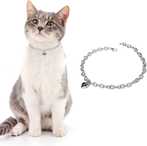 Dog Collar and Cat Chain Necklace, Stainless Steel Adjustable 18K Silver Heart-Shaped Necklace for Small Pets (Sliver,