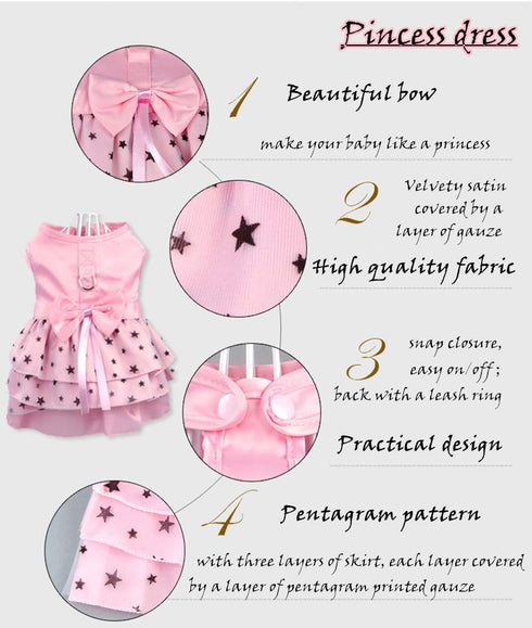 Hdwk&Hped Dog Dress with Leash Ring, Princess Multi-Layer Pleated Skirt for Small Dog Puppy Cat (Pink #1)