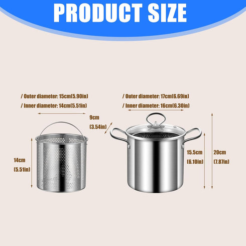 Shurhome 3 Stainless Steel Quart Frying Pots with Vent Glass Cover Ergonomic Handle Suitable for Chicken Fish Onion