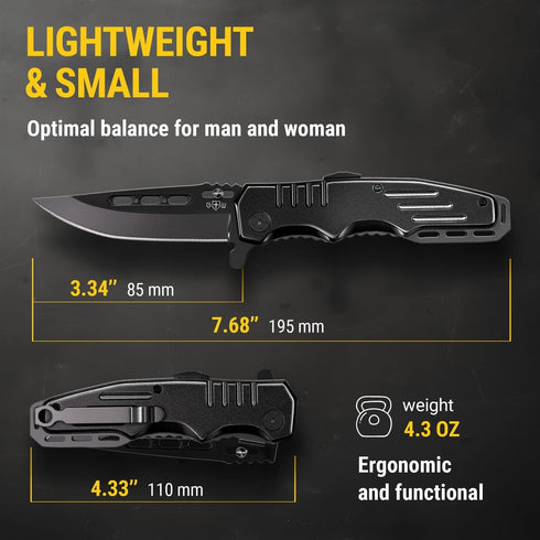 Safety Lock Pocket Knife, Spring Assisted 3.4-inch Sharp Blade, Folding Tactical Black Knife with Aluminum Handle,