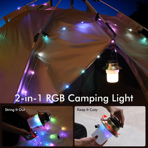 SMARTERIOR 5 Rechargeable LED Camping Lights & Lantern, Waterproof Lamp with Modes RGB String Lights, Adjustable