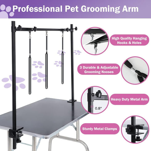 H-Shape Dog Grooming Arm with Clamp, Heavy Duty Adjustable Pet Grooming Table Arm for Large & Small Pets