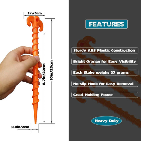 Spiral Plastic Tent Stakes 15 Pack - 10 Inch Heavy Duty Beach Tent Pegs Canopy Stakes - Essential Gear for Camping, Backpacking, Gardening and More by Hikemax