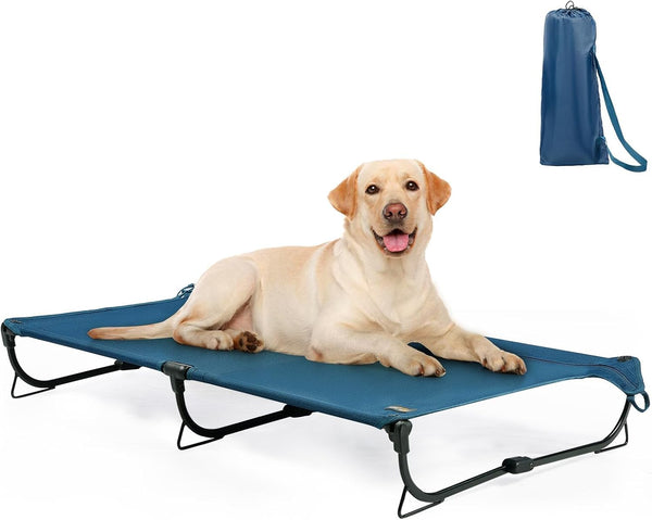 Folding Raised Dog Bed - Large Outdoor Elevated Dog Bed - Heavy Duty Cooling Dog Cot for Camping - Dark Blue