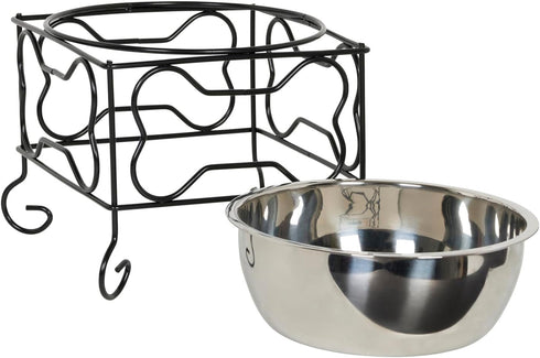 Medium Wrought Iron Stand with Single Stainless Steel Bowl, Size: 7" H x 9.5" W x 9.5" D