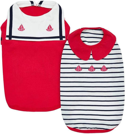 Blueberry Pet Soft & Comfy Summer Vacation Beach Cotton Dog T-Shirts, Cerise Red, 2 Pack, Sailor Suit