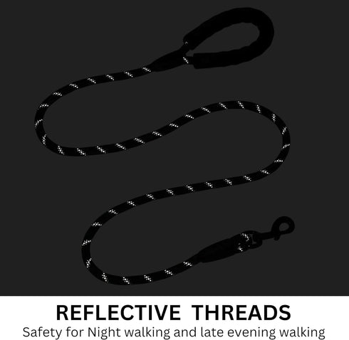 Rope Dog Leash 6 ft, Heavy Duty Reflective Tangle-Free with Padded Handle, Ideal for Walking, Running & Training (Black)