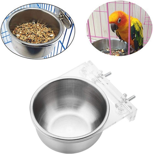 Stainless Steel Hanging Bowl Bird Food Feeding Dish, Water Seed Feeder with Screw Attachment for Bird Cage