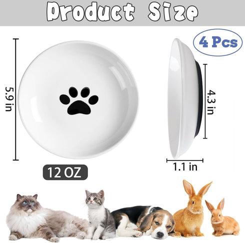 BNOSDM 4 Pcs Cat Food Bowls, Ceramic Shallow Dishes with Non-Slip Silicone Bottom for Indoor Cats and Dogs