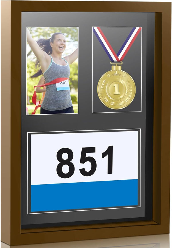 RattanView Medal Display Frame Shadow Box 3 in 1 Marathon Medal and Photo