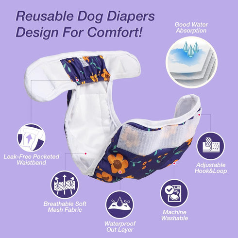 (3 Pack) Pet Soft Washable Female Diapers Female Dog Diapers, Comfort Reusable Doggy Diapers for Girl Dog in Period