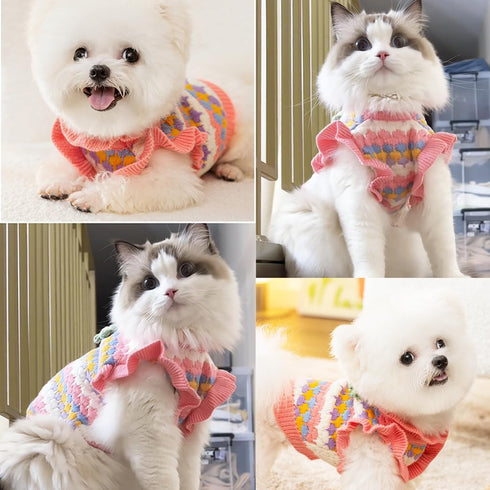 Small Dog Sweater - Knitted Tulip Cat Sweater, Warm Thick Holiday Clothes for Small Dog Girl, Cold Weather Outfit