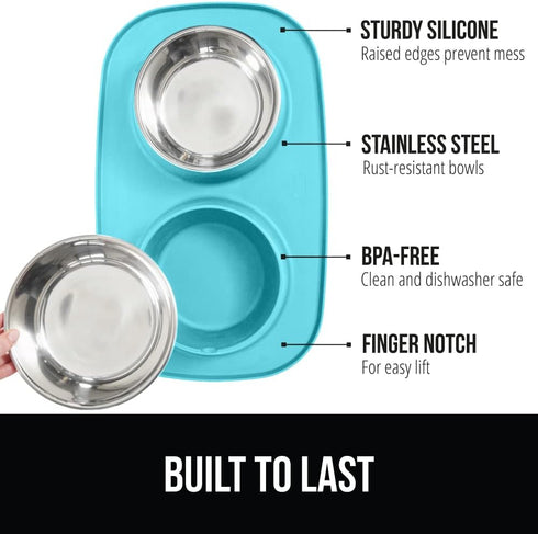 Gorilla Grip 100% Waterproof BPA Free Cat and Dog Bowls Silicone Feeding Mat Set, Stainless Steel Bowl Slip Resistant Raised Edges, Catch Water, Food Mess, No Spills, Pet Accessories, 1 Cup, Turquoise