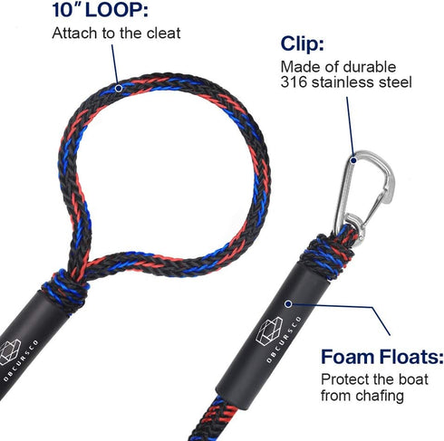 Obcursco Bungee Dock Lines for Boat, Docking Rope with Stainless Steel Clips, Sets of Two (4ft & 6ft)