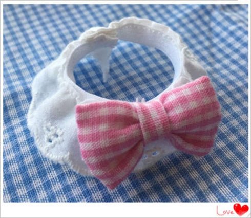 Lizard Bearded Dragons Stretchy Bowtie - Handmade Pink White Plaid Collar with Elastic Lace Decor for Reptiles