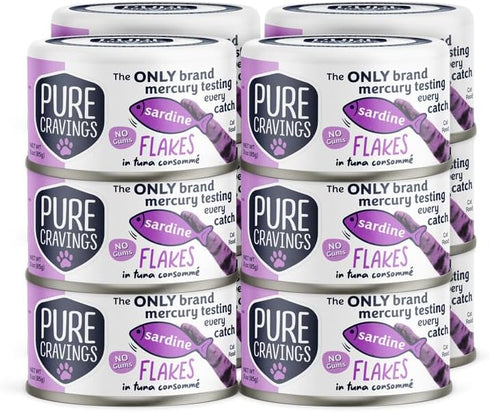 Sardine Flakes in Tuna Consommé, Canned Wet Cat Food Soup, 100% Mercury-Tested, Grain-Free Protein, Non-GMO, 3oz, Pack