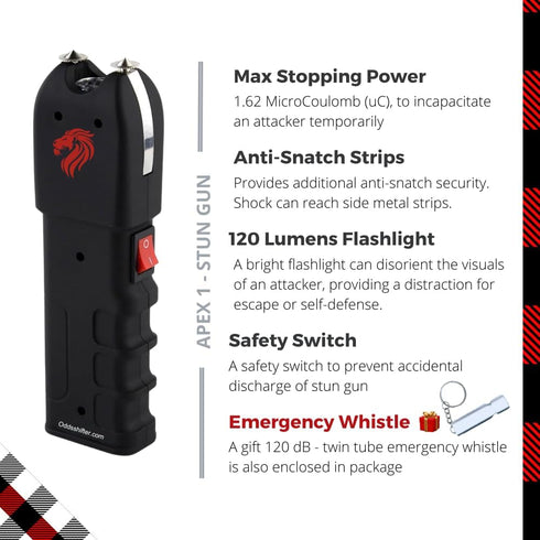 Odds Shifter - Stun Gun for Self Defense and Camping Essentials Emergency Whistle - 1.62 uC, 120 Lumens, Anti Grab Technology - Flashlight - Self Defense Weapons Duo