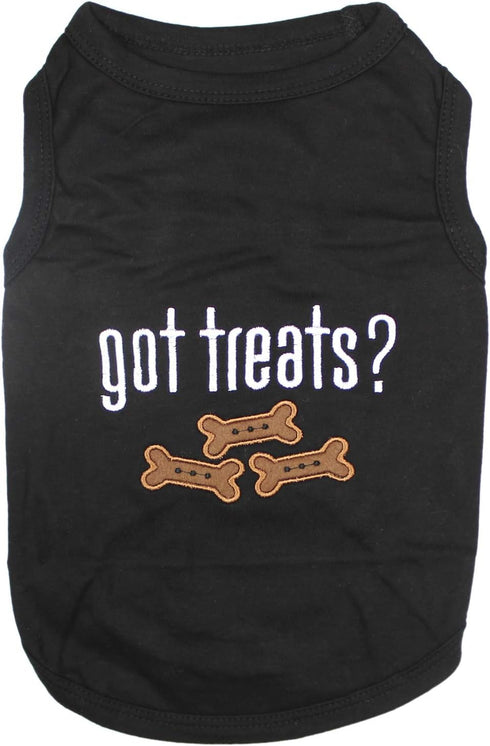 Parisian Pet Dog Tshirt - Lightweight Cotton Tank Top - Embroidered “Got Treats?” Sleeveless Black Tee for Large Dogs -