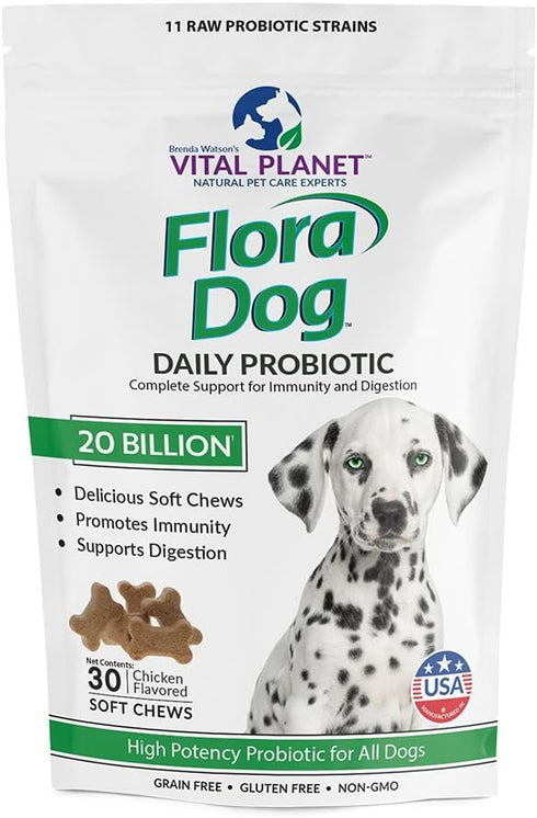 Vital Planet Flora Dog Probiotics, 30 Natural Bacon Flavored Chews with 20 Billion Cultures, Immune Support