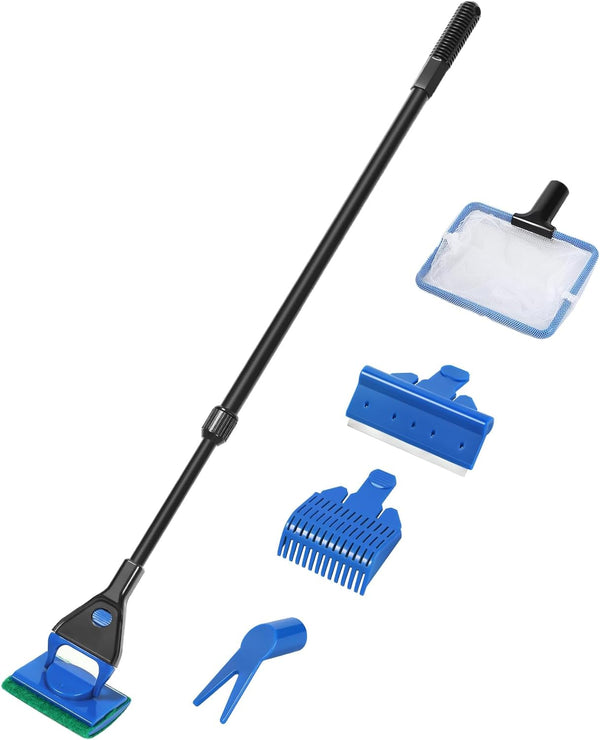 AQUANEAT Aquarium Cleaning Tools, 5 in 1 Fish Tank Cleaning Kit with Adjustable Long Handle, Algae Scraper