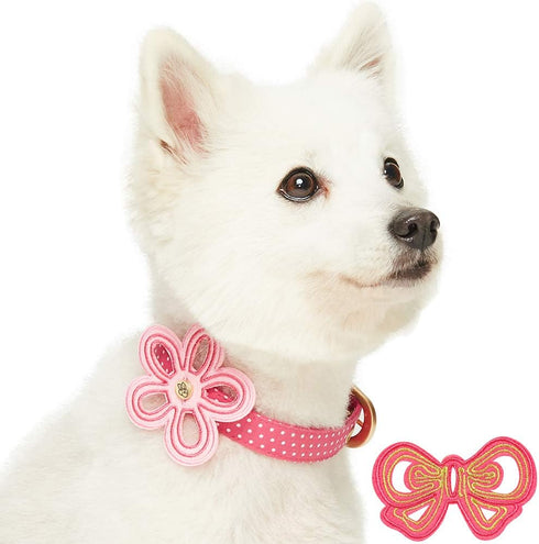 Blueberry Pet Adjustable Dog Collar with Metal Buckle and 2 Detachable Bowtie, Pink Polka Dot, Neck 13-16.5", for