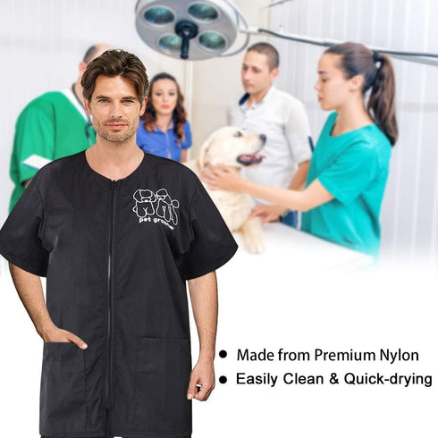 Noverlife Short Sleeves Pet Grooming Work Clothes, Full Zipper, 3XL Size, Splash Proof Anti-Static Smock for Groomers