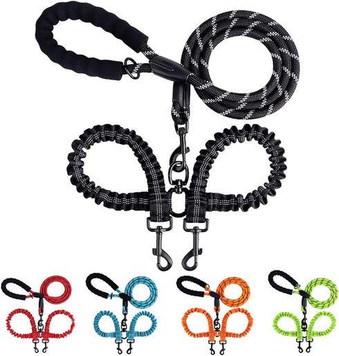 Double Dog Leashes Rope, Reflective with Two Shock Absorbing Bungee Training Leashes for Two Dogs, 360 Swivel
