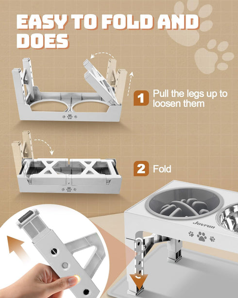 Elevated Dog Bowls, Feeder with 2 Stainless Steel Bowls & 1 Slow Feeder, Adjustable Height Stand