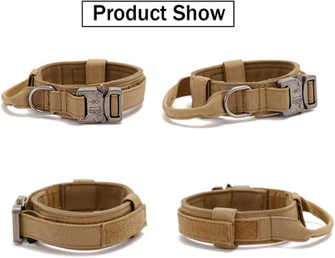 Tactical Dog Collar, Adjustable Military Nylon Dog Collar with Heavy Duty Metal Buckle and Handle for Training, Brown, L