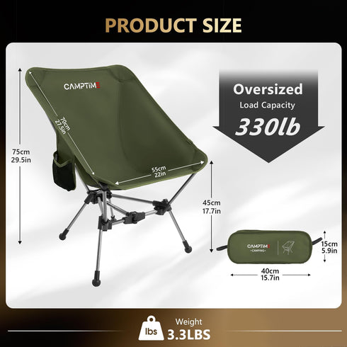 Camptime Backpacking 330Lbs, Portable Camping Chair, Lightweight Compact Chair with Side Pocket, Wide Seat Folding