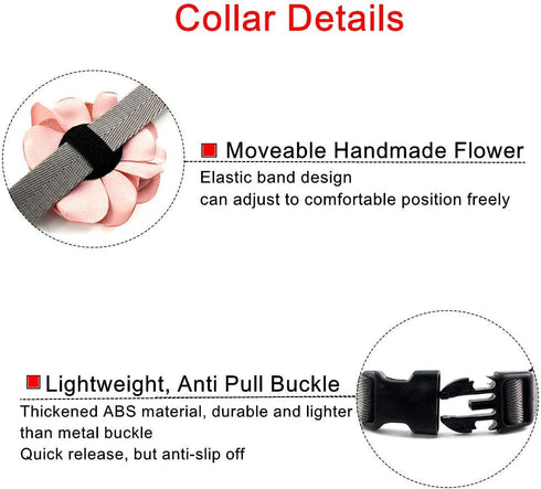 Geranium Flower Cat Dog Collar Bow Tie, Nylon Puppy Necklace with Pearl Bell, Adjustable Handmade (Red, Size M)