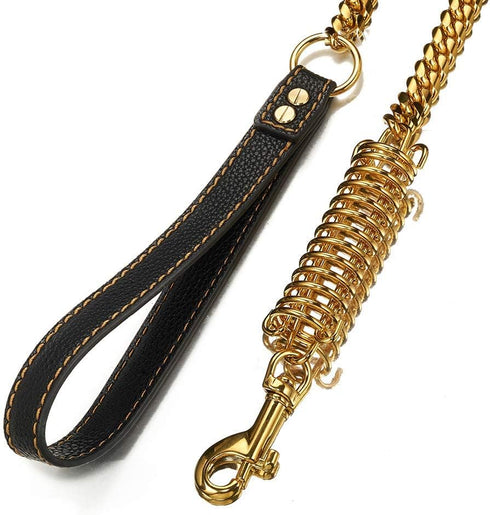 1ft, 2ft, 3ft Strong Gold Metal Cuban Curb Link Chain, 14mm Stainless Steel Dog Safety Leash, Genuine Leather Handle