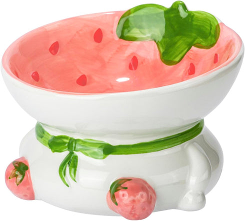 Raised Cat Bowls - Elevated Ceramic Cat Food Bowl for Indoor Cats, Whisker Fatigue, Cute Fruit Themed (Strawberry)