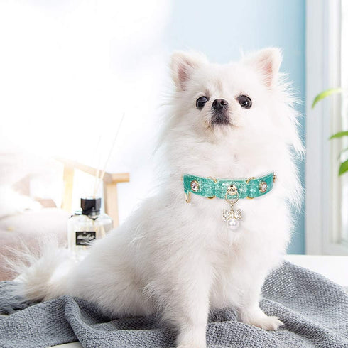 PetsHome Adjustable Cat Dog Collar, Bling Rhinestones PU Leather with Luxury Pendant, Extra Small Mint Green