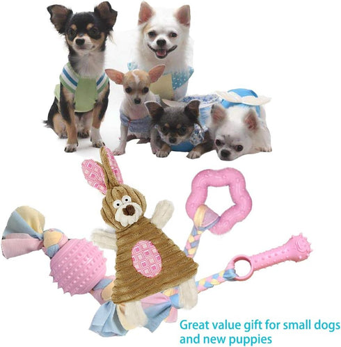 Puppy Toys for Teething Small Dogs - Interactive Chew Toy Soft Rubber Cute Pink Bunny, Small Breed 4-Pack