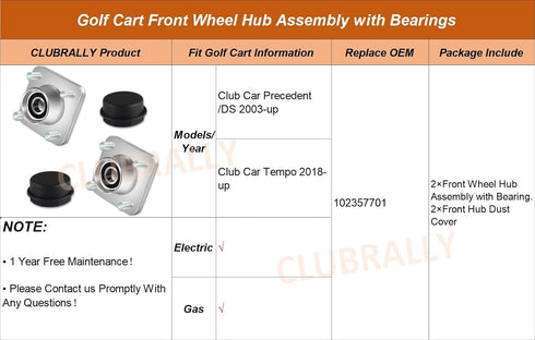 Golf Cart Front Wheel Hub Assembly with Bearings for 2003-Up Club Car DS & Precedent, 2018-Up Tempo Gas & Electric (2