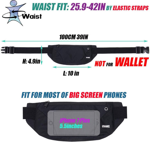 USHAKE Running Belt - Ultra Light Bounce Free Waist Pouch Bag for Men or Women - Fitness Workout Waist Pack (BLACK)