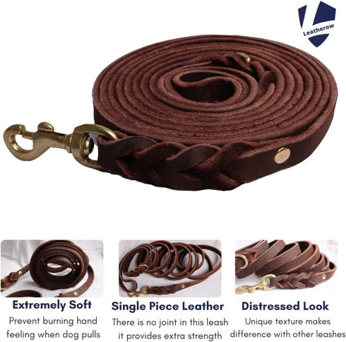 Braided Leather Dog Leash 10 Foot - Full Grain Heavy Duty for Large Medium Small Dogs, 10 Ft Soft Leather Lead