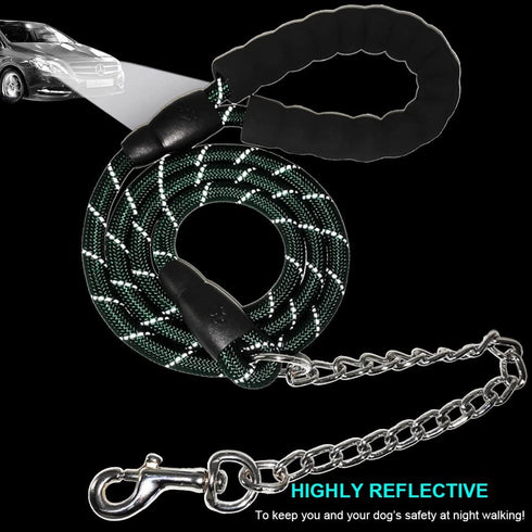 BTINESFUL 6FT Chewproof Dog Leash - Strong Nylon Rope with Anti-Chewing Chain (Dark Green) for Medium Large Dogs