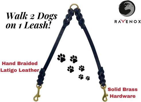 Ravenox Hand-Braided Leather Dog Leash Splitter, 15-Inch Dual Dog Walker, Solid Brass, Amish Made in USA