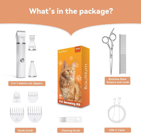 Cat Grooming Clippers Kit for Matted Hair, Bautrium 3 in 1 Electric Trimmer for Thick Hair and Heavy Coat