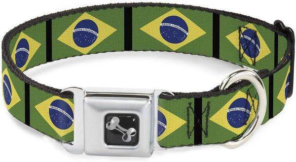 Buckle-Down Seatbelt Buckle Dog Collar, Brazil Flags, 1.5" Wide, Fits 18-32" Neck, Large