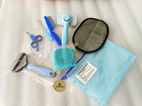 Atonvibe 9-in-1 Set. Pet Grooming Kit, Self-Cleaning Slicker Brush, Deshedding Rake, Lint Remover, Nail Clipper & More