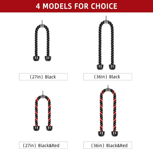 Tricep Rope Fitness Attachment - 27 & 36 Inches, Heavy Duty Coated Nylon Rope in 2 Colors with Solid Rubber Ends